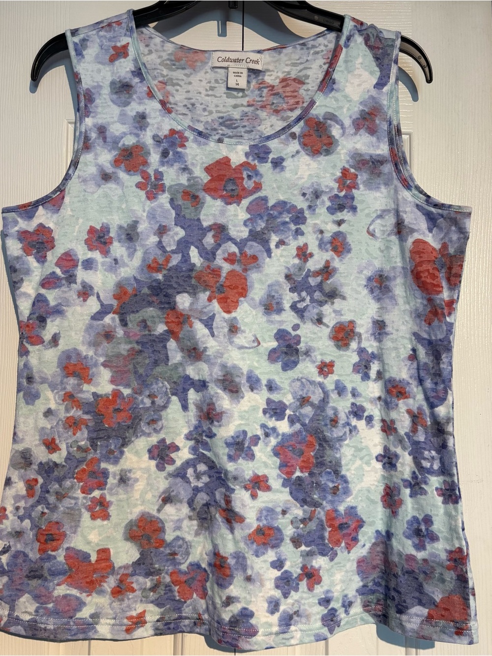 Coldwater Creek Watercolor Floral Tank Top in Blue & Red